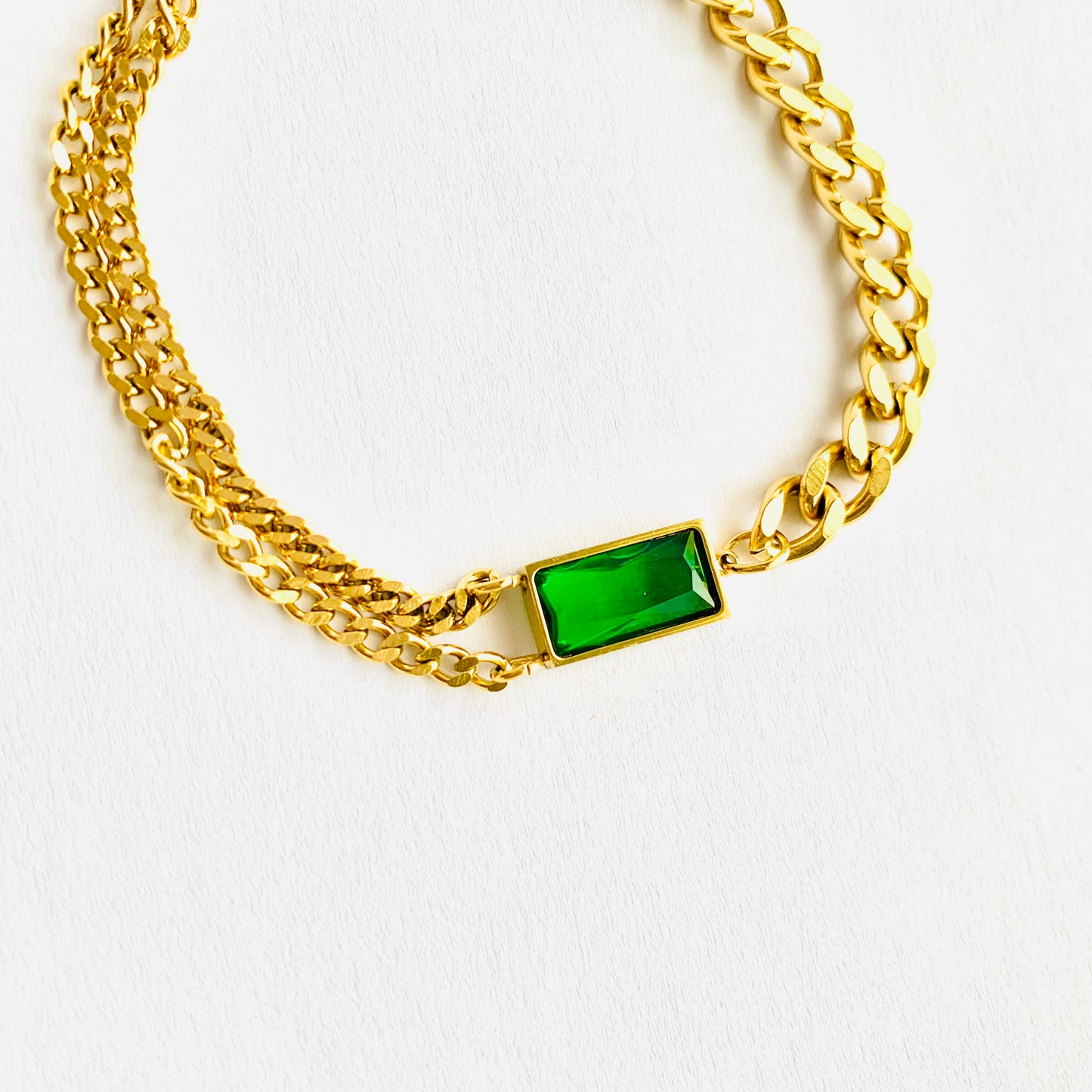 Chunky Gold Chain Emerald Pendant Bracelet