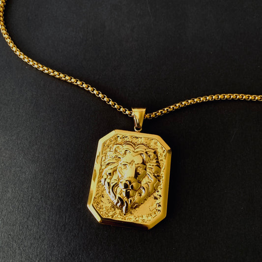 Gold Rectangular Lion Head Pendant Necklace