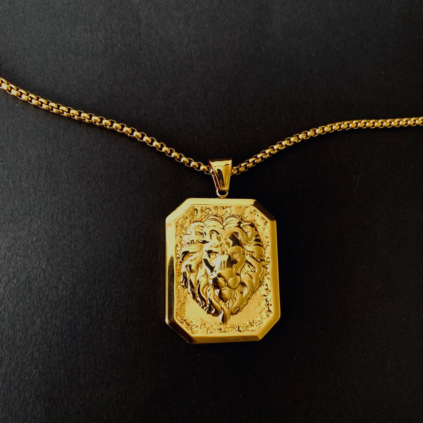 Gold Rectangular Lion Head Pendant Necklace