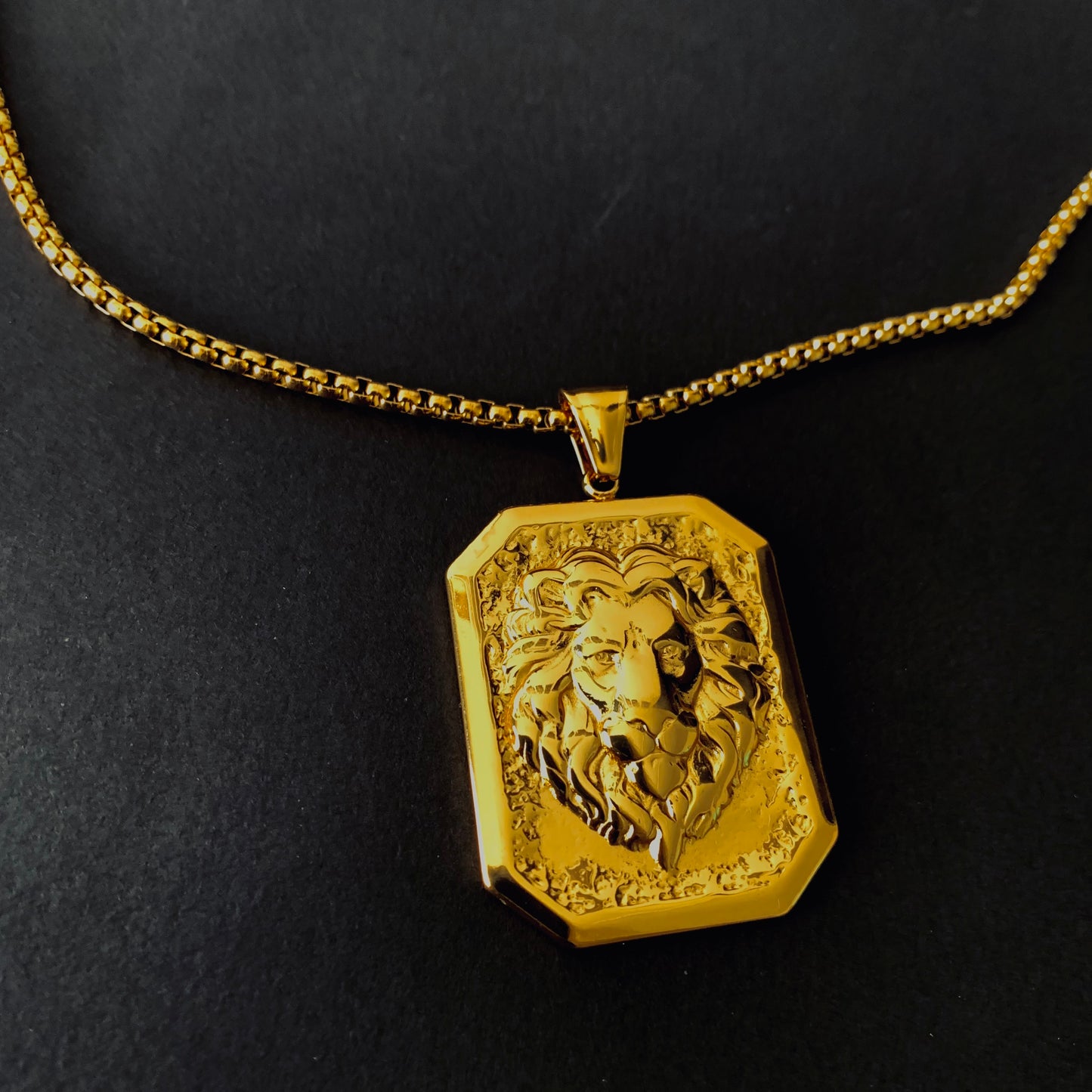 Gold Rectangular Lion Head Pendant Necklace