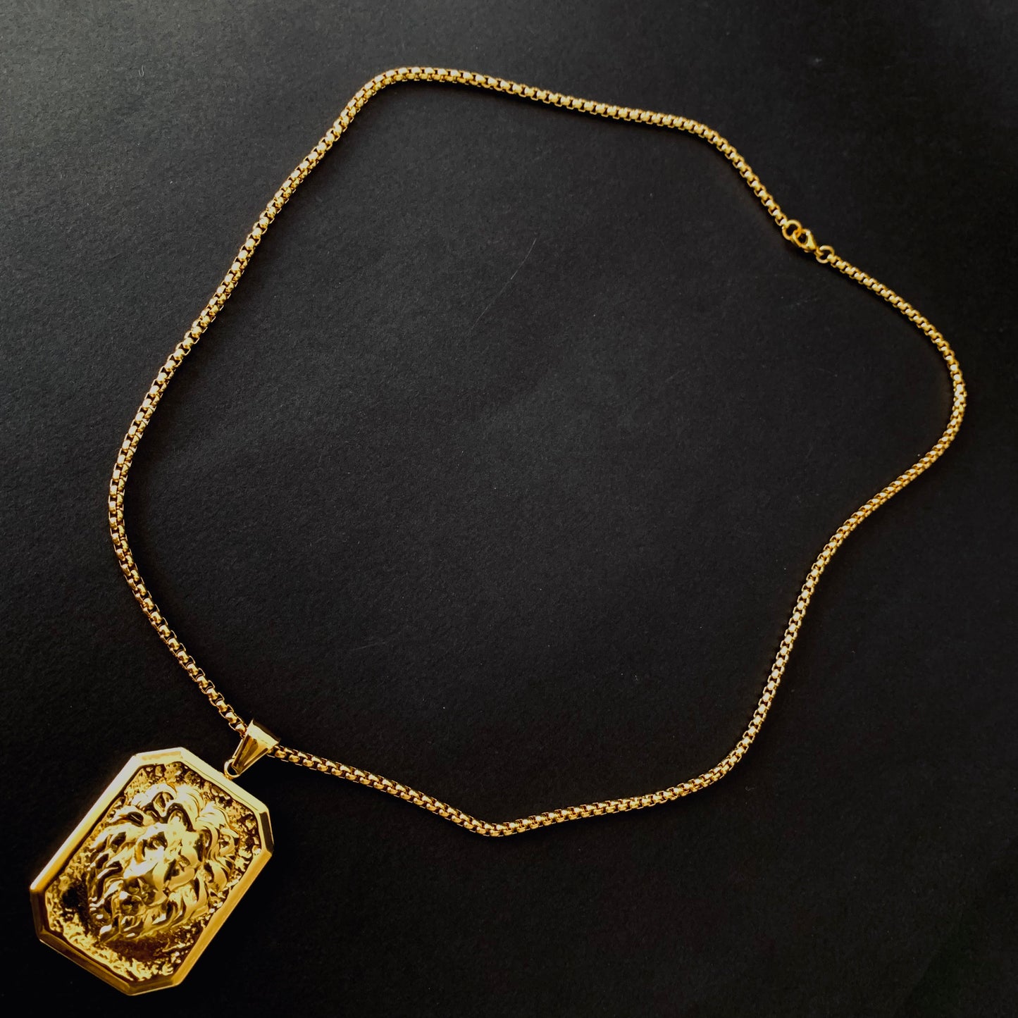 Gold Rectangular Lion Head Pendant Necklace
